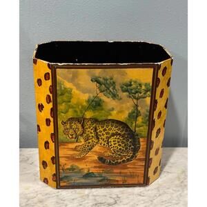 Vintage Don Andres Fair Acres Canton MA Jaguar Leopard Hand Painted Trash Can